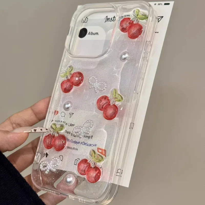 

INS Cute Glitter 3D Cherry Bow Clear Phone Case For iPhone 16 15 14 13 12 11 Pro Max Pearl Shockproof Phone Case Cover