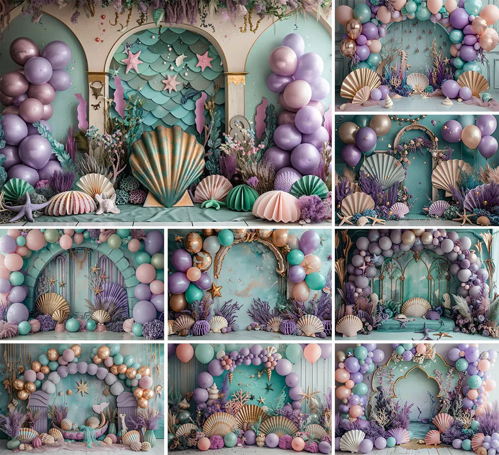 Mehofond-Fondo de fotografía con arco de sirena, globos, conchas, pastel de fiesta de cumpleaños para niña, retrato de Smash, decoración, telón de fondo para estudio fotográfico