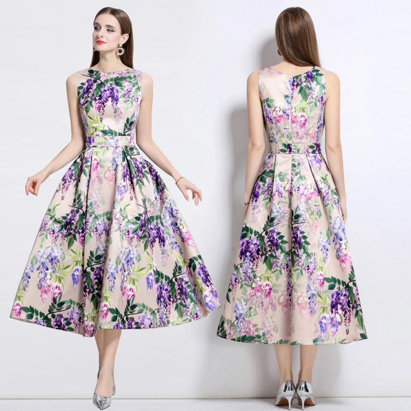 ชุดเดรสยาวพิมพ์ลายดอกไม้สุดหรูสไตล์เซเลบริตี้ ดีไซน์เข้ารูปทรงเอ กระโปรงทรงเอ เอวสูง สำหรับแฟชั่น