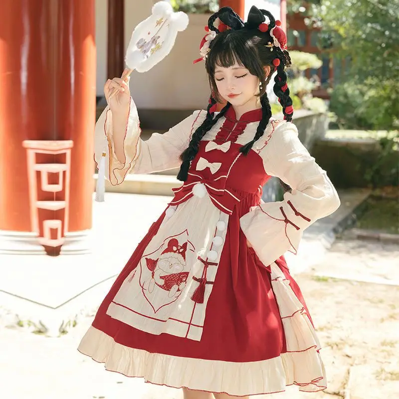 Full Set Snow New Year's Rabbit Spring Festival Salute Dress Cute Chinese Style Lolita Red Dress Winter Harujuku Goth Cape