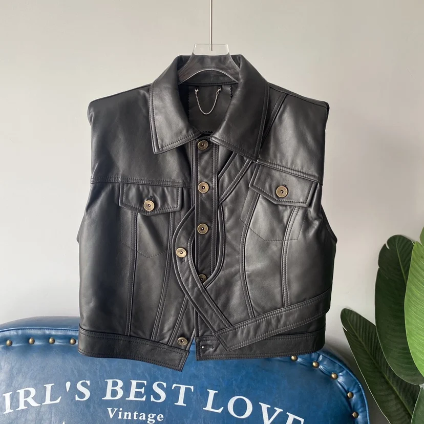 

New Original Design Women's Leather Vest ort Casual Biker Sle eepskin Workwear Tank Top Individual Personali