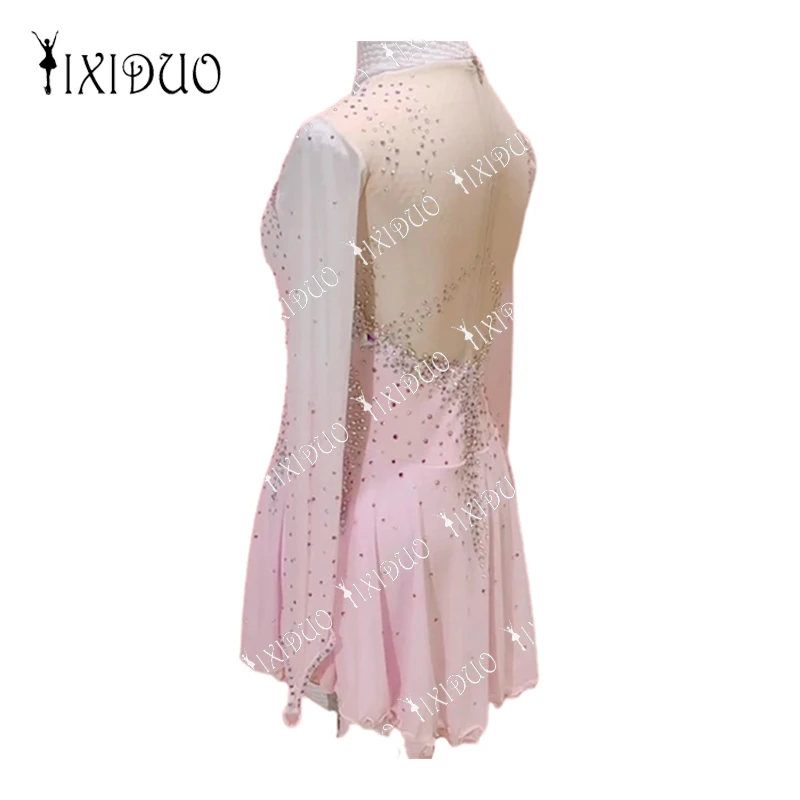 Competition Figure Ice Skating Dress Outfits Crystal Rhinestones Long Sleeve Mesh Spandex Women Girls Child Dancewear Costume