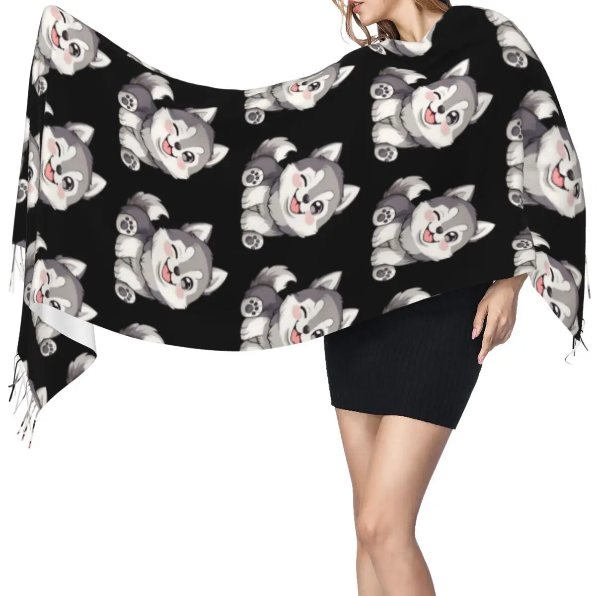 

Милый мягкий кавайный шарф с хаски, шарфы с кисточками, женские мягкие теплые шали и накидки, большая осенне-зимняя шаль