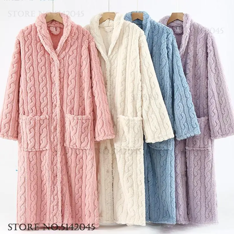 

Thick Flannel Female Robe Nightgown Lounge Wear Autumn Winter New Women Sleepwear Home Clothing Loose Warm Coral Fleece Negligee