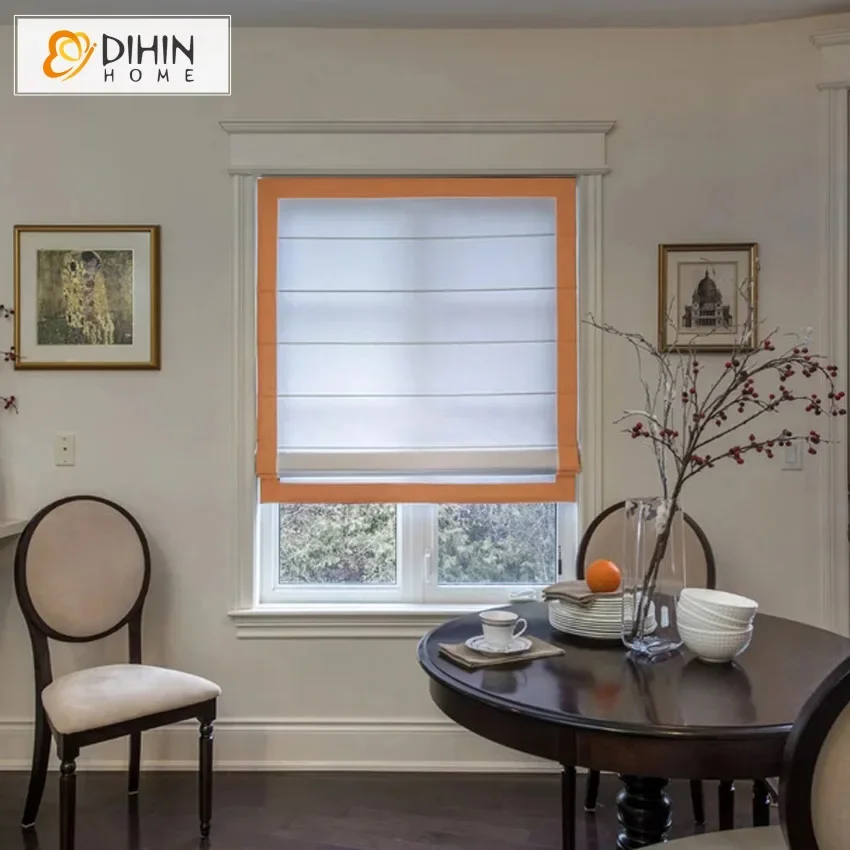 

Modern Cotton Linen White With Orange Four Border Trims Roman Shades Light Filter / Blackout Blinds Mechanism