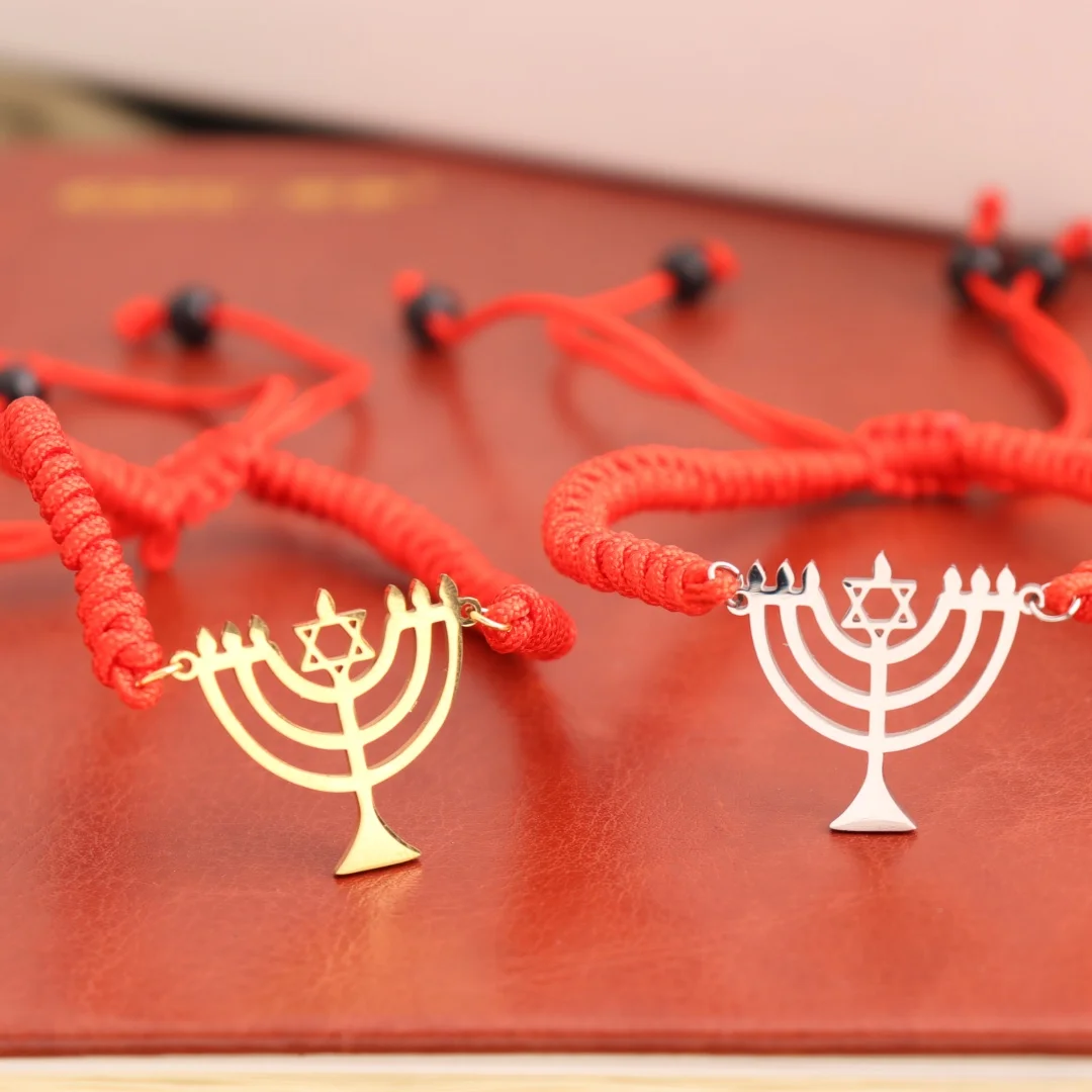 Stainless Steel 7 Candles Menorah Bracelet Dainty Israeli Charm Jewish Hanukkah Jewelry Gift for Her