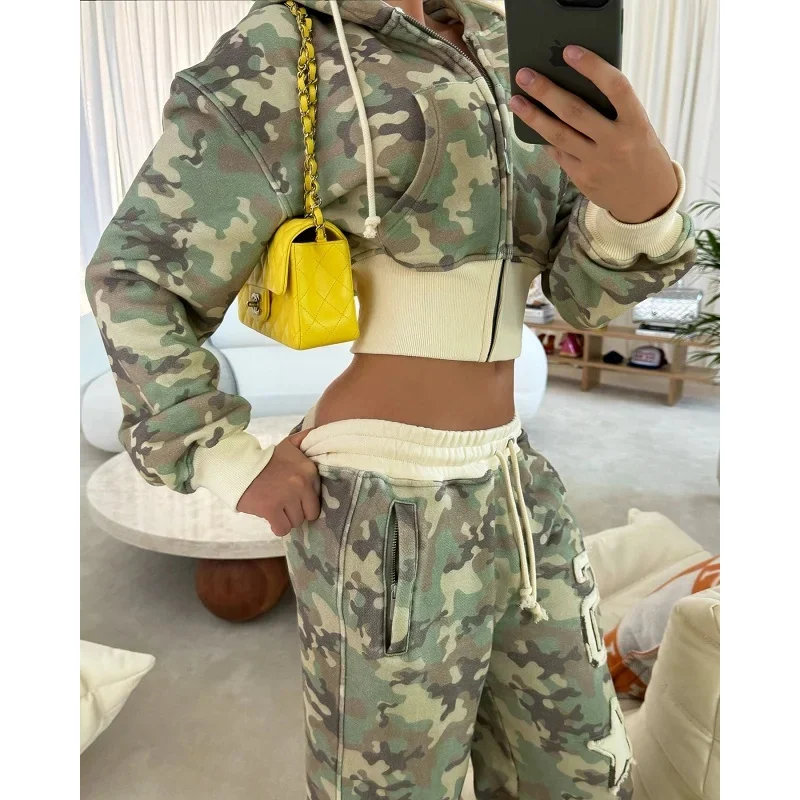 

Women's 2-piece Custom-made Camouflage Hooded Sweatshirt Casual Long Sleeve Zipper Hip Hop Sports Sweatshirt Y2k