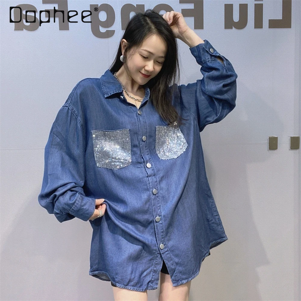 

Женская джинсовая рубашка с длинным рукавом, весенняя новинка, со спущенным плечом, не требующая глажки, со стразами, свободного кроя, с надписью, модная, на одной пуговице