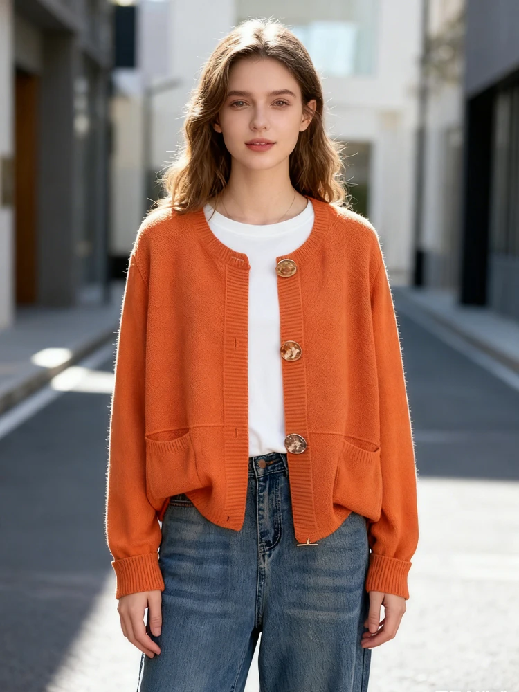 

Korean Popular Solid Metal Button Knit Women's Winter Top Pullover Cardigan Long Sleeve Pockets Pulls Femmes Sweater Warm Jacket