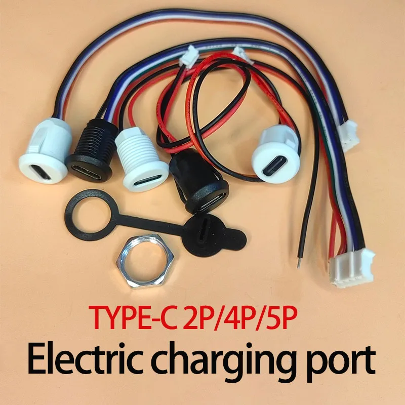 1PC 2Pin - 5Pin USB-C Connector Type-C Waterproof with PH 2.0 Nut Locking Panel Mounting TPC Waterproof Fast Charging Jack Por