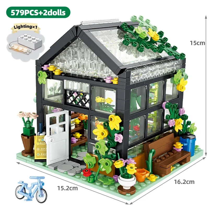 Décennie s de construction de magasin de fleurs avec lumière LED, maison de réplique créative, modèle de briques de tente de bricolage, vue sur la rue de la ville, jouets pour enfants, cadeaux pour enfants