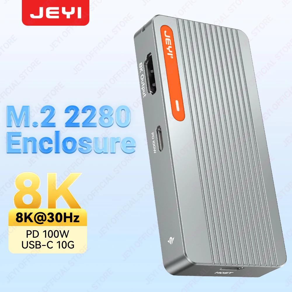 

JEYI M.2 NVMe 2280 SSD Enclosure Adapter Aluminum Case with USB3.2 10Gbps HDTV/DP at 100W Quick Charge for 8K/4K Video Output.