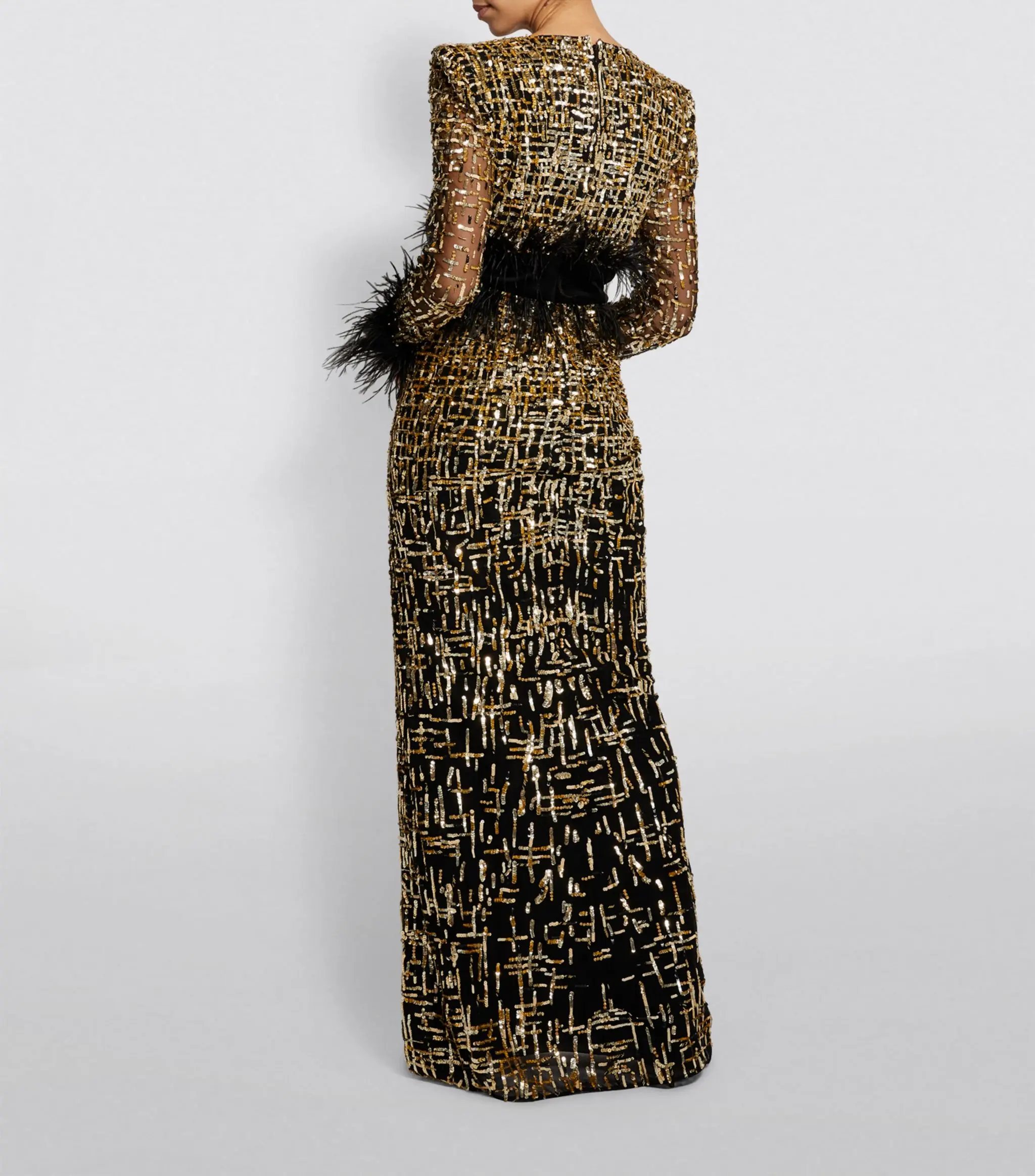 L365 Zuhair Murad Black Long Sleeves Feathers Gold Beaded   فساتين السهرة vestidos de fiesta  فساتين سهره evening dress