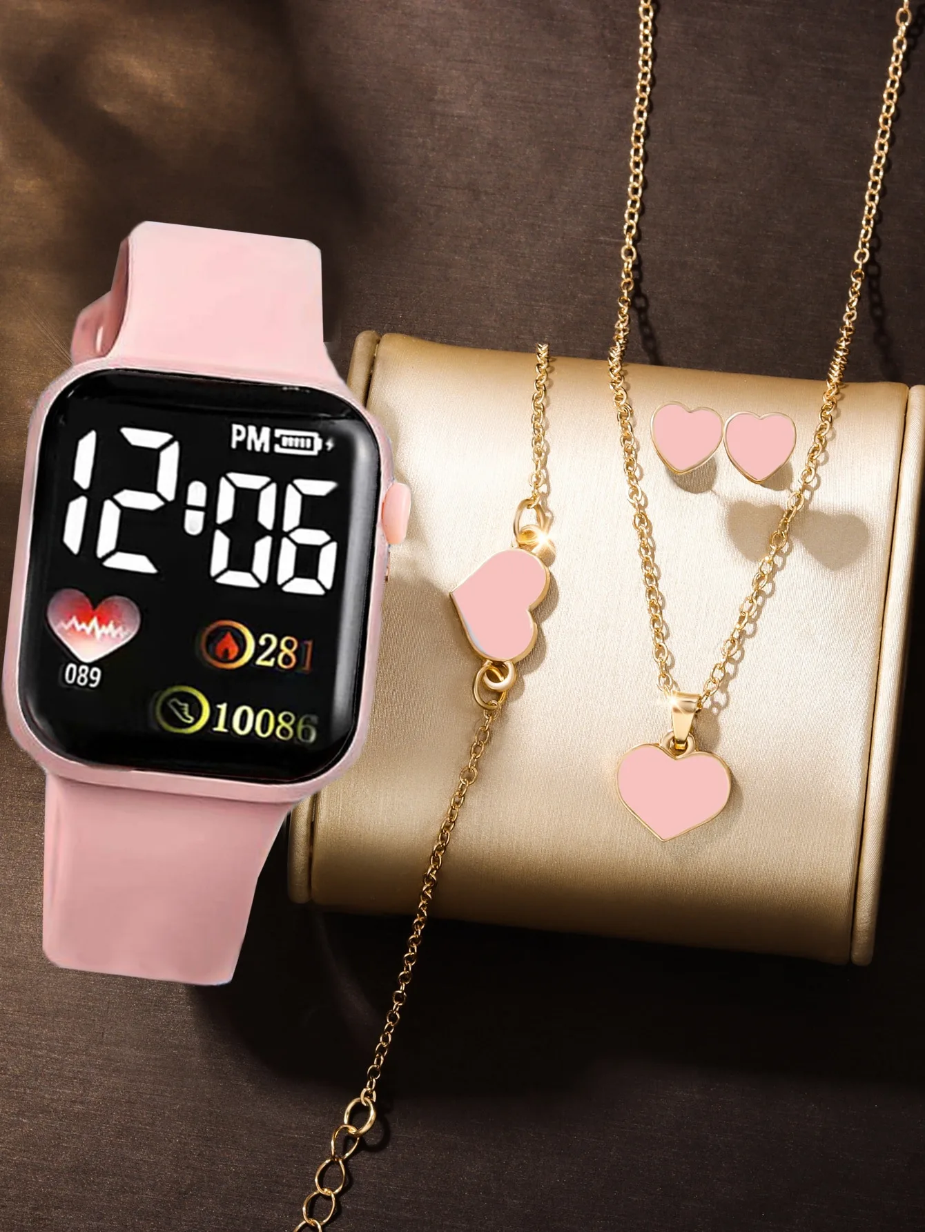 5pcs  Rectangular classic fashion Girls Women's digital watch with Love jewelry set analog watch gift