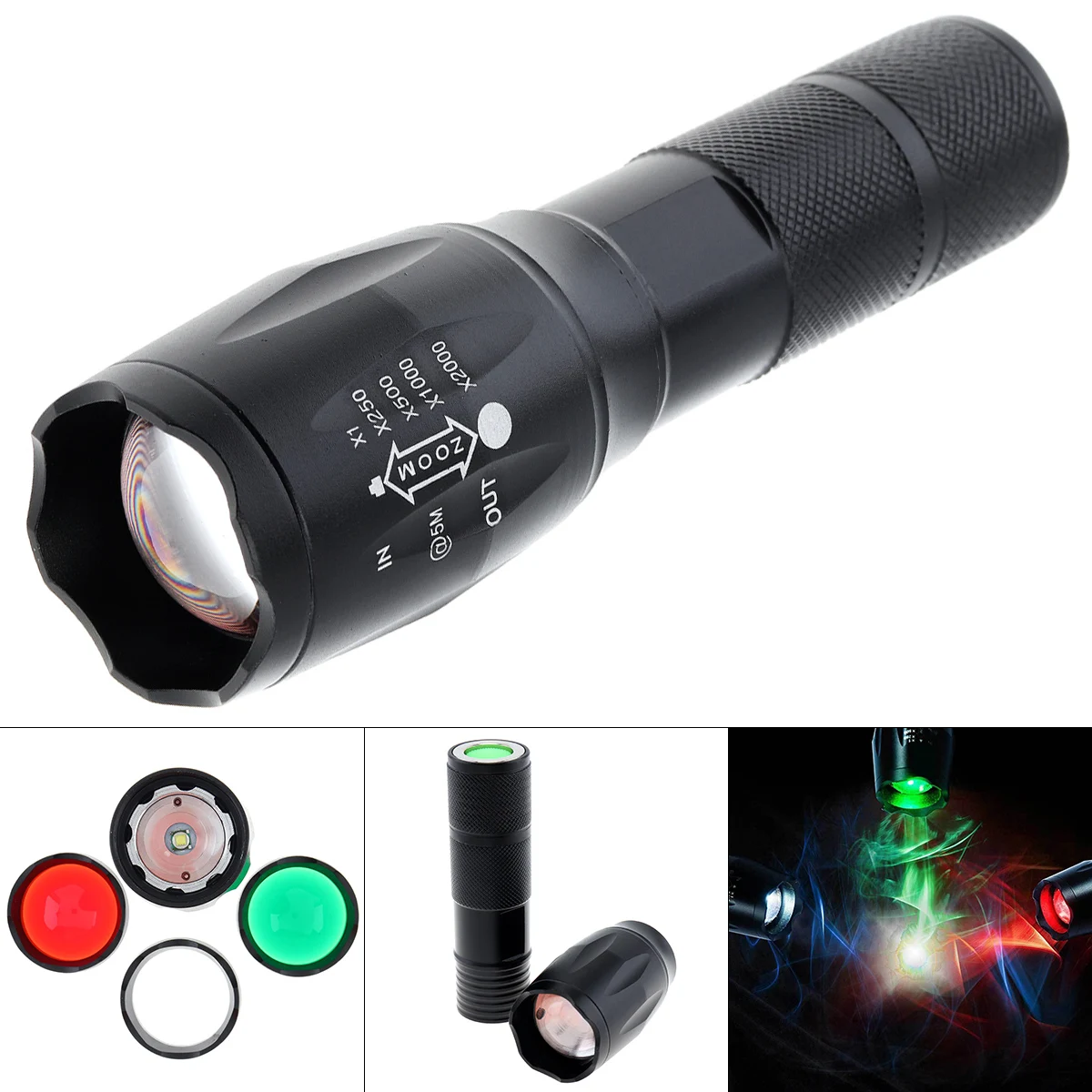 Waterproof 8000LM LED Flashlight Zoomable Exchange Lens Red Green White Mini Spot Lamp 5 Modes Strobe Torch Hunt Light