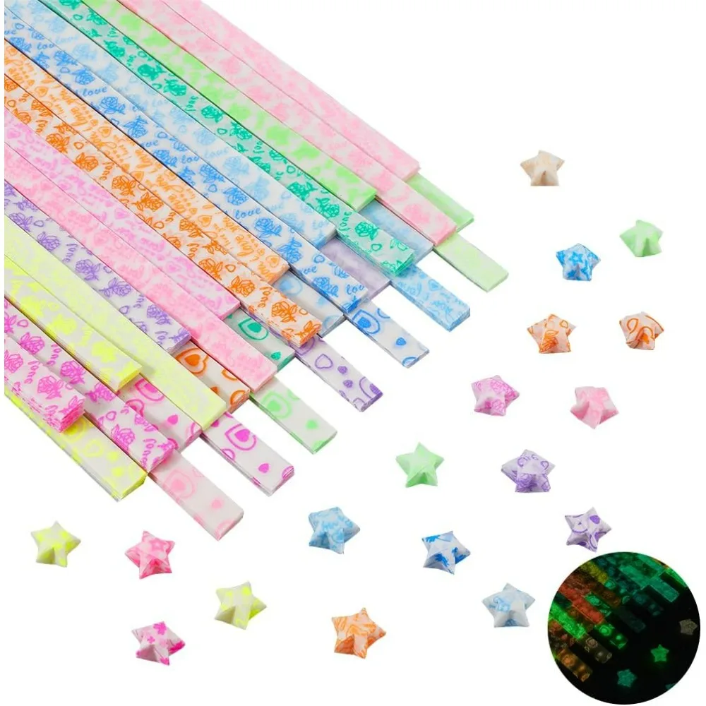 

630Pcs 3 Colors Heart Origami Star Paper Folding Stars Valentines Lucky Love Hearts Glitter Glows in The Dark Decorations