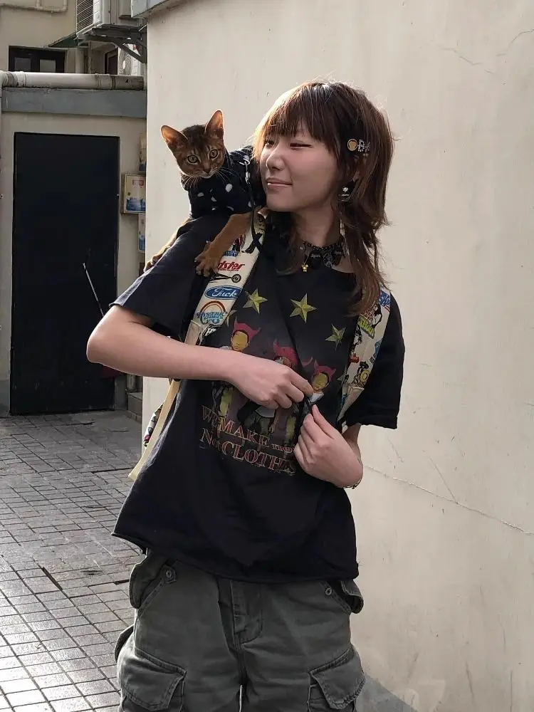 

Американская футболка с короткими рукавами и принтом звезд в стиле ретро для девочек, летние уличные повседневные футболки с короткими рукавами для пар, модные футболки