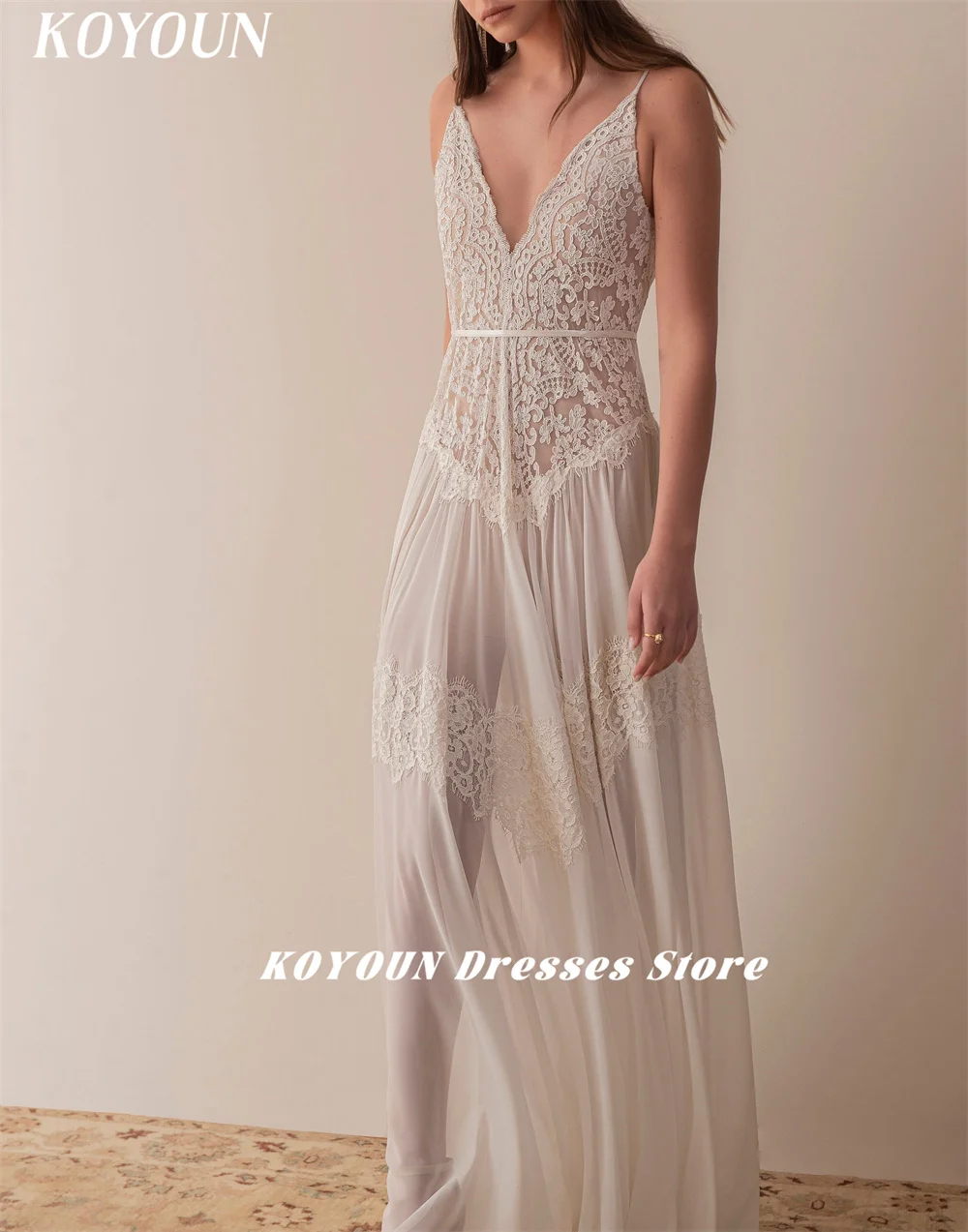 KOYOUN Boho Elegant A-line Illusion Wedding Dress Deep Plunging Neckline Sexy Gelinlik 2024 Lace Open Back Bridal Party Dress