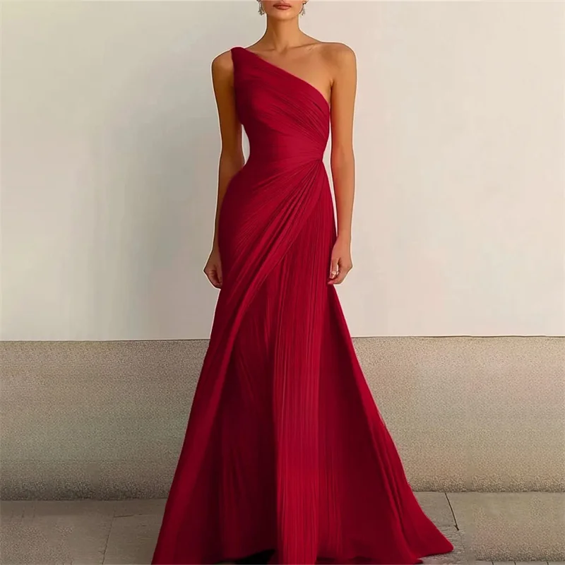 A Line Chiffon One Shoulder Pleat Evening Bridesmaid Dresses Wedding Party Formal Prom Birthday Floor Length Zipper Back image 3
