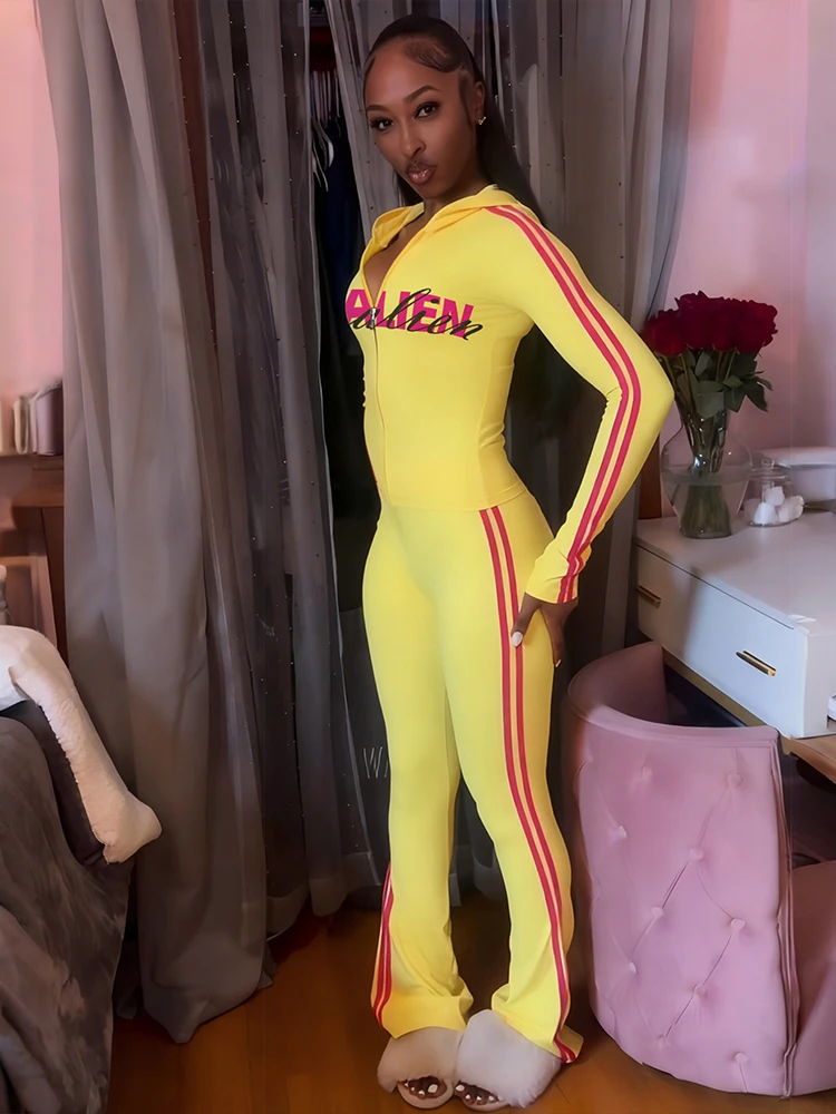 

SIsterlinda Hooded 2-Piece Set Woman Sporty Tracksuit Elastic Letter Print Jacket+Pants Casual Tight Matching Streetwear Outfits