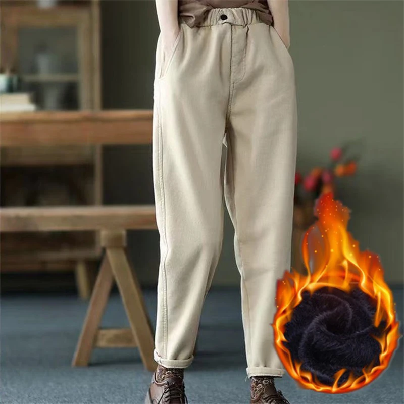 Women Fashion Warm Fleece-lined Pants Lady Autumn Winter Casual Baggy Trousers High Waist All Match Sweatpants