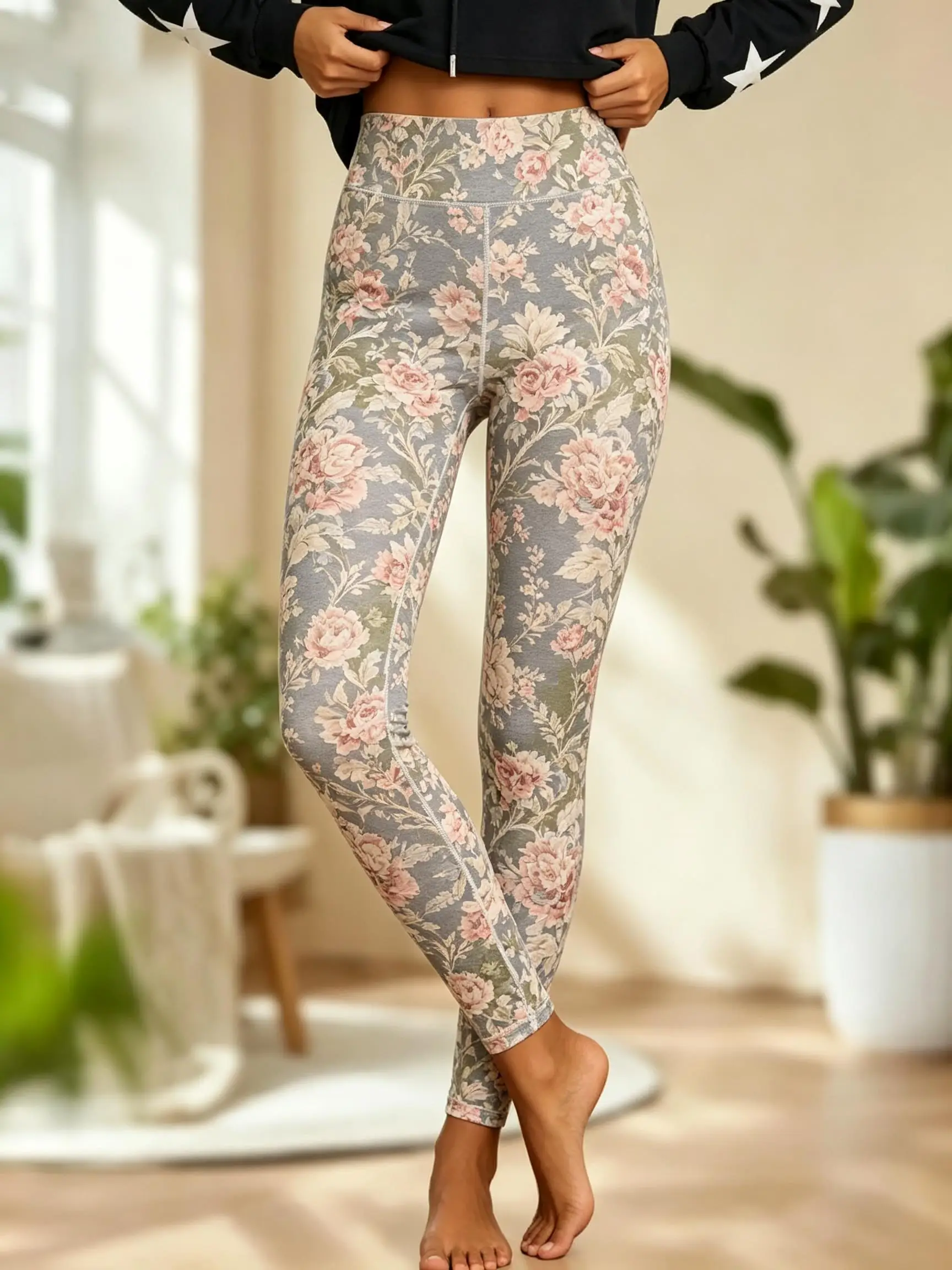 Women Fleece-Lined Mid-Rise Leggings Vintage Pink Rose Floral Botanical Print Slim Warm Pants