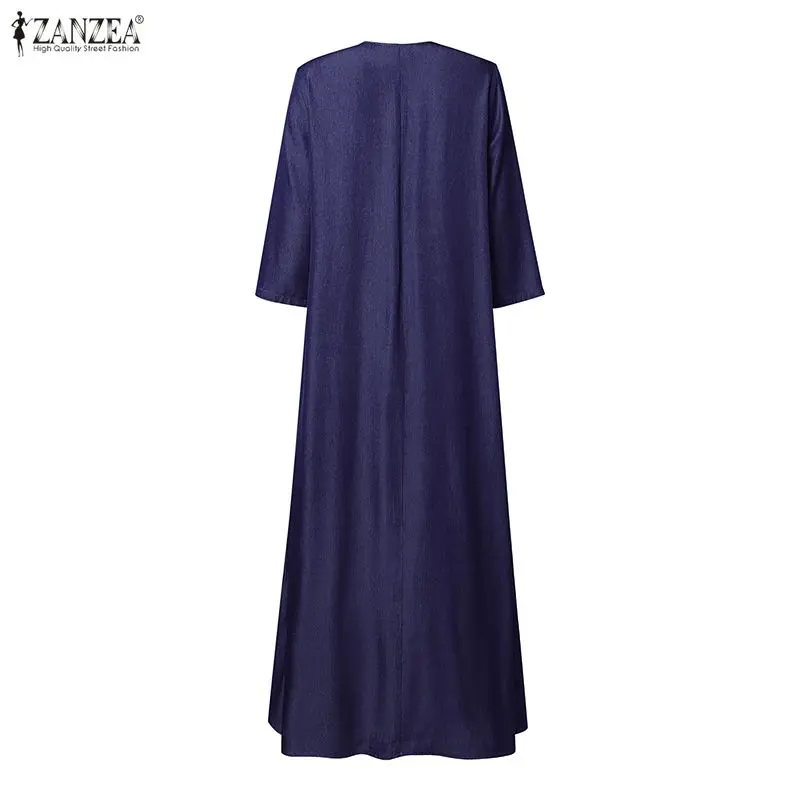 เดรสยีนส์ปลอมสีน้ำเงิน ZANZEA รุ่นฤดูใบไม้ร่วง ปี 2025 สำหรับผู้หญิง คอทรงโอ แขนยาว จับจีบ ติดกระดุม  ชุดเดรสทำงานสุดหรู