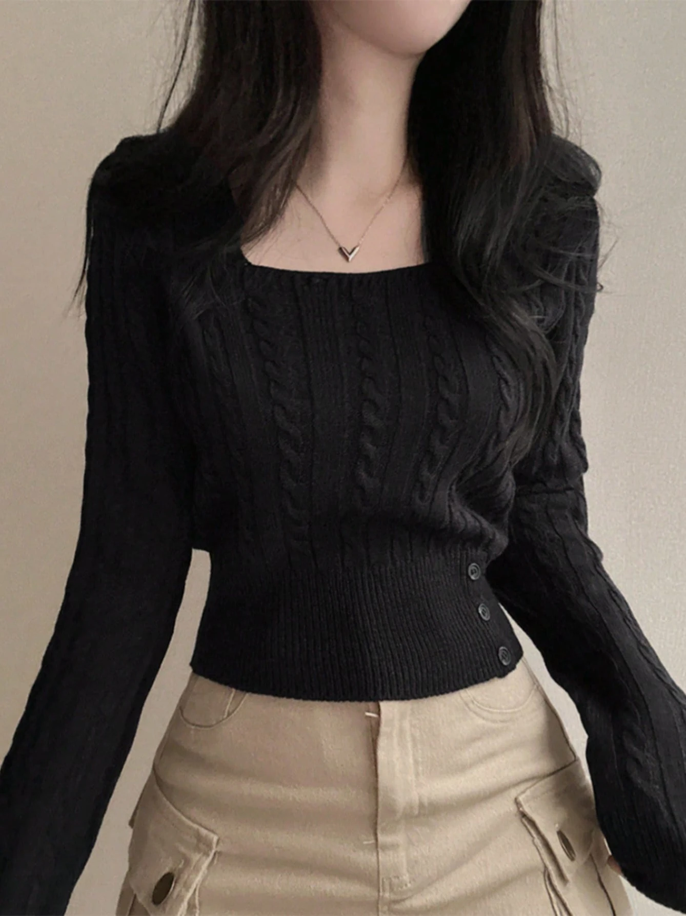 

Женский облегающий длинный вязаный свитер с квадратным воротником на пуговицах, модный повседневный трикотаж для офиса