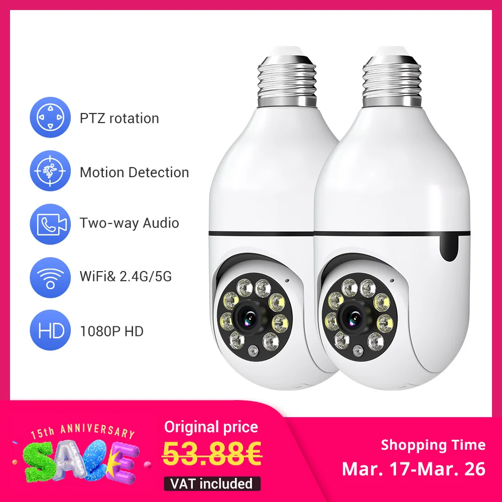 2Pc Ease Life APP-Light Bulb Security Cameras Outdoor Wireless WiFi Camera 5GHz, 360 Degree, E27 Light Socket Screw In Securi