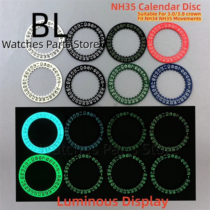 Disco de calendario de reloj luminoso NH35, rueda de fecha negra, blanca, verde y azul para NH34, NH35, movimientos, herramientas de reparación modificadas, corona 3,0/3,8