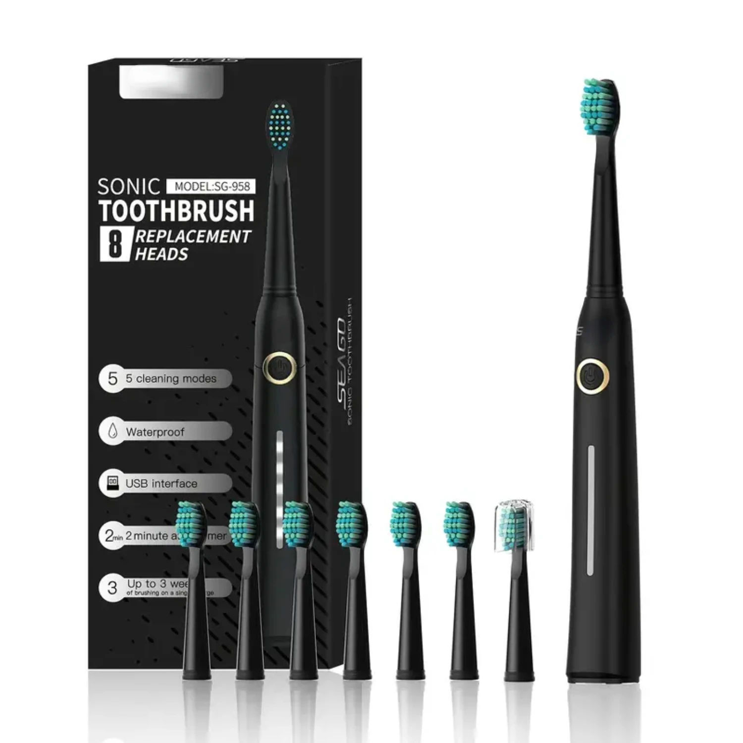 

Black Sonic Electric Toothbrush for Adults and Kids, Long-lasting Rechargeable Battery with 5 Modes, 8 Brush Heads & Smart Timer