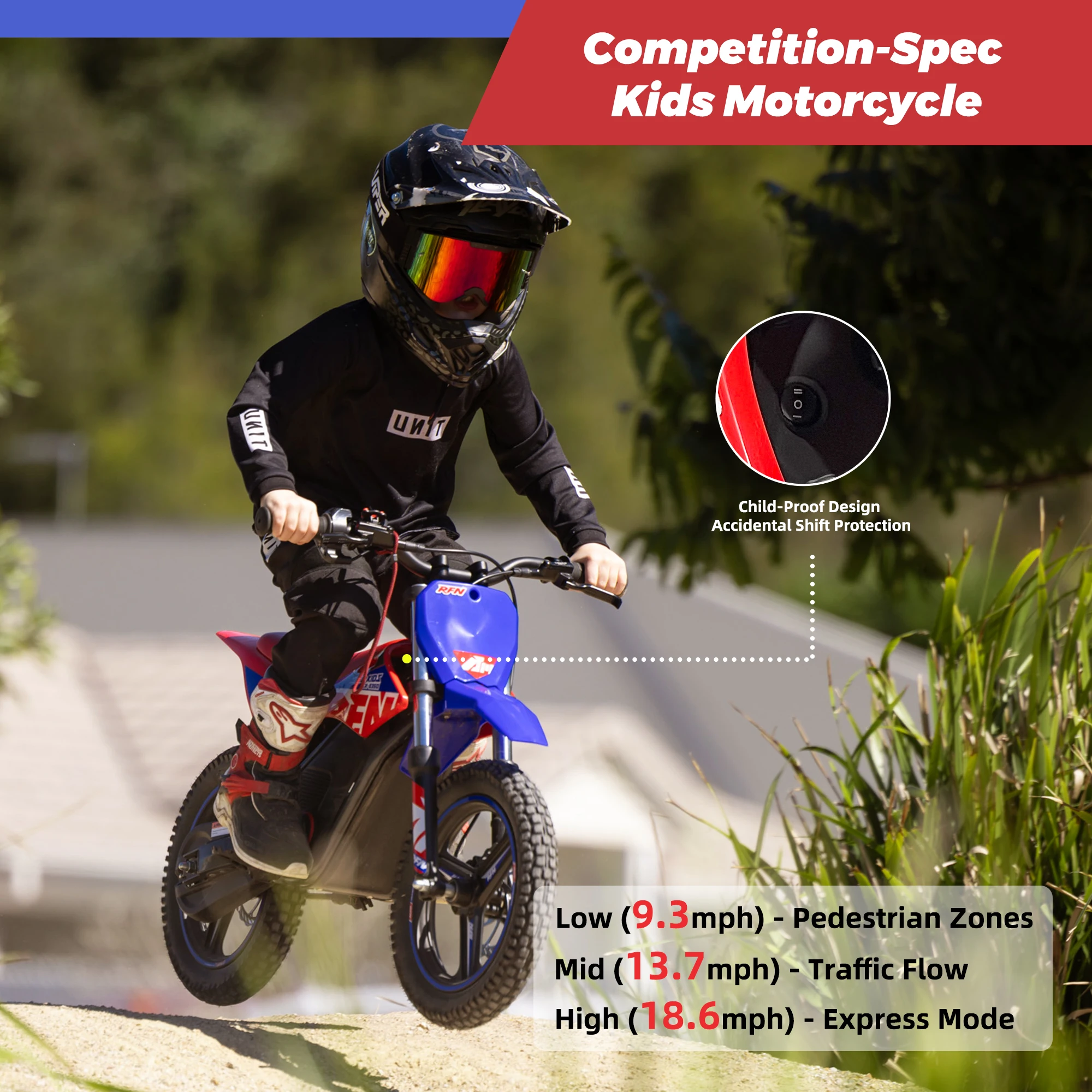 RFN E350 Kids Electric Dirt Bike – 36V 500W Off-Road Motorcycle, 18.6 mph, 11.2 Mile Range, 3-Speed Ride for Ages 4-8