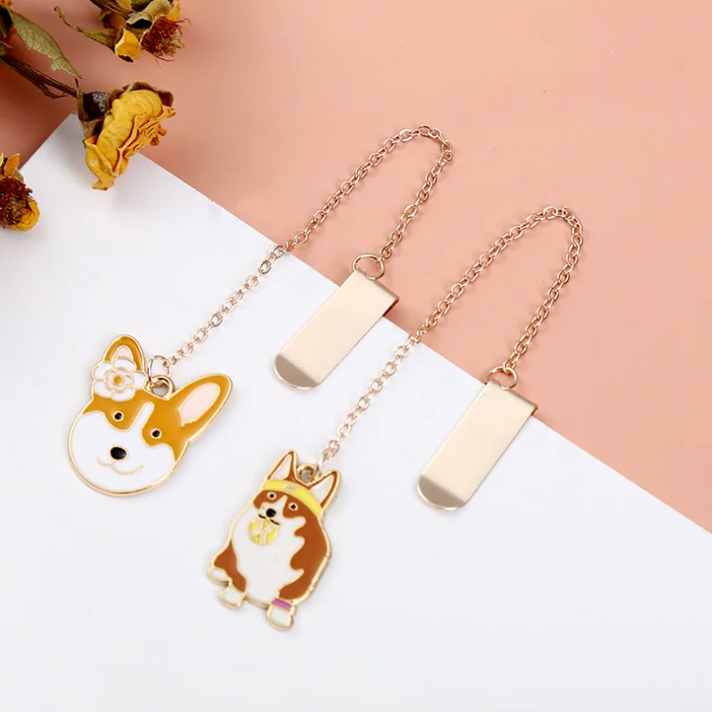 Marcapáginas Kawaii de Shiba Inu para estudiantes, accesorio colgante de aleación con Clip para libro, accesorios portátiles de lectura, papelería, 2 uds.