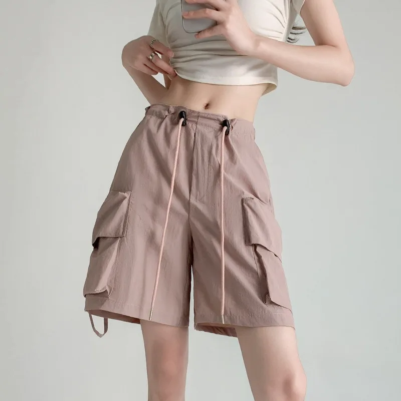 Baggy Shorts for Women Solid Cargo Pants Cool Girls Drawstring New Fashion Soft Breathable Summer Clothing Cool Female Pockets