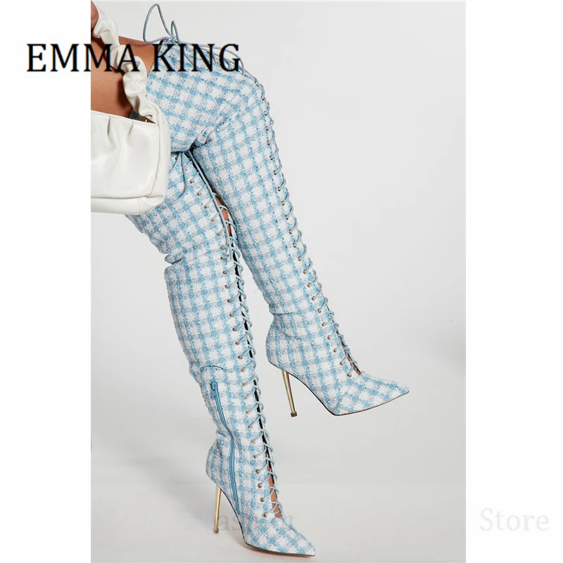 النساء منقوشة الدانتيل يصل الأحذية مثير مدبب تو كعب ستيليتو أحذية طويلة السيدات موضة الأحذية غير سترتش بوتاس دي موهير 44