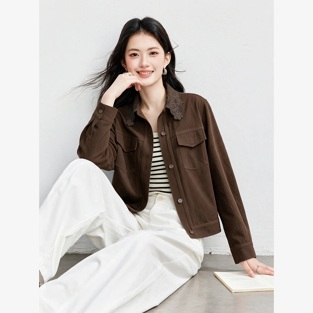 VIMLY Coffee Short Jacket for Women 2026 Autumn Hollow-out Lace Lapel Long Sleeve Coat Fashion Elegant Casual Top Ladies A7295