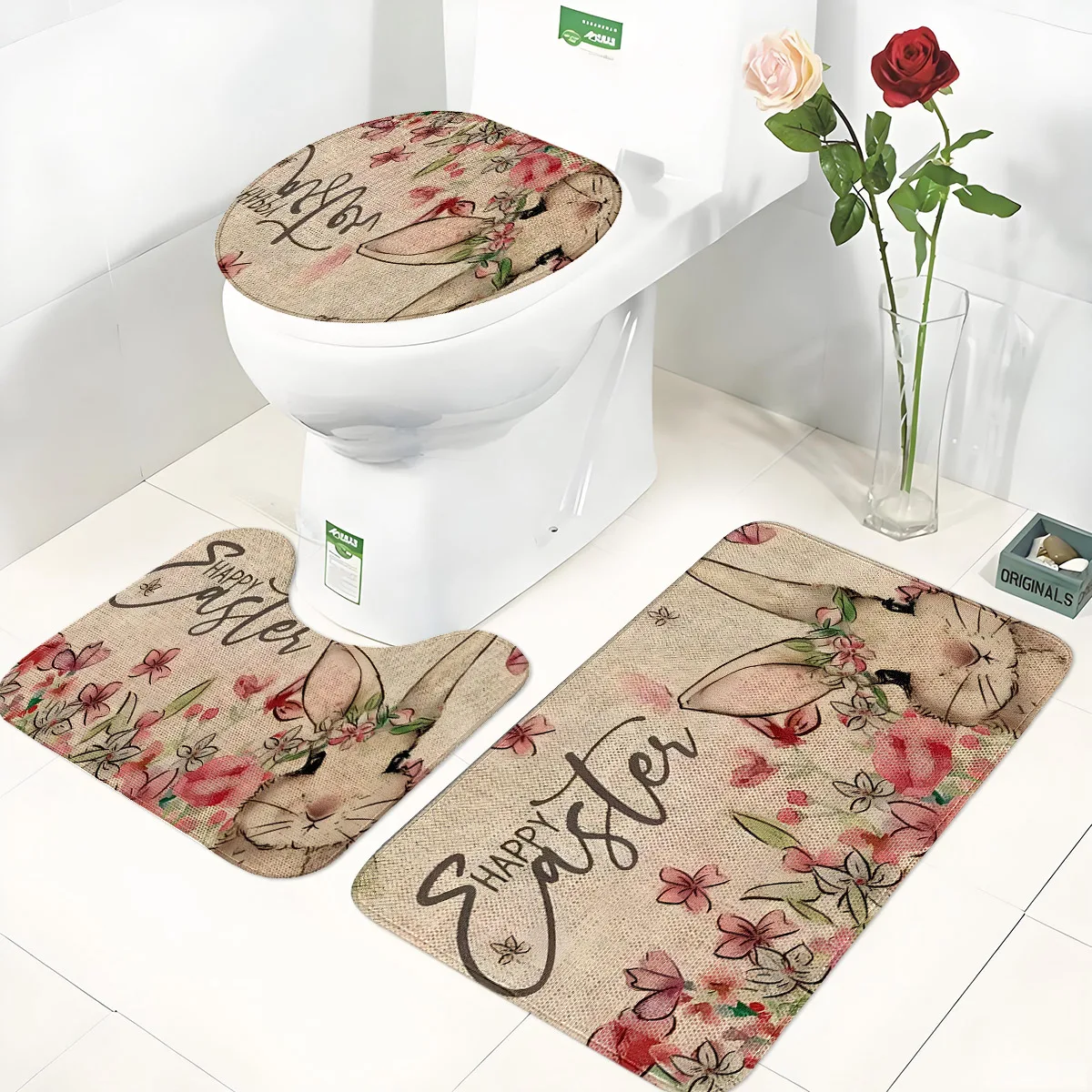Osterhasen-Badezimmer-Set, dreiteilig, WC-Matte + Badezimmer-Bodenmatte + U-förmige Fußmatte, rutschfest, saugfähig, waschbar, Badezimmer-Dekorationsset