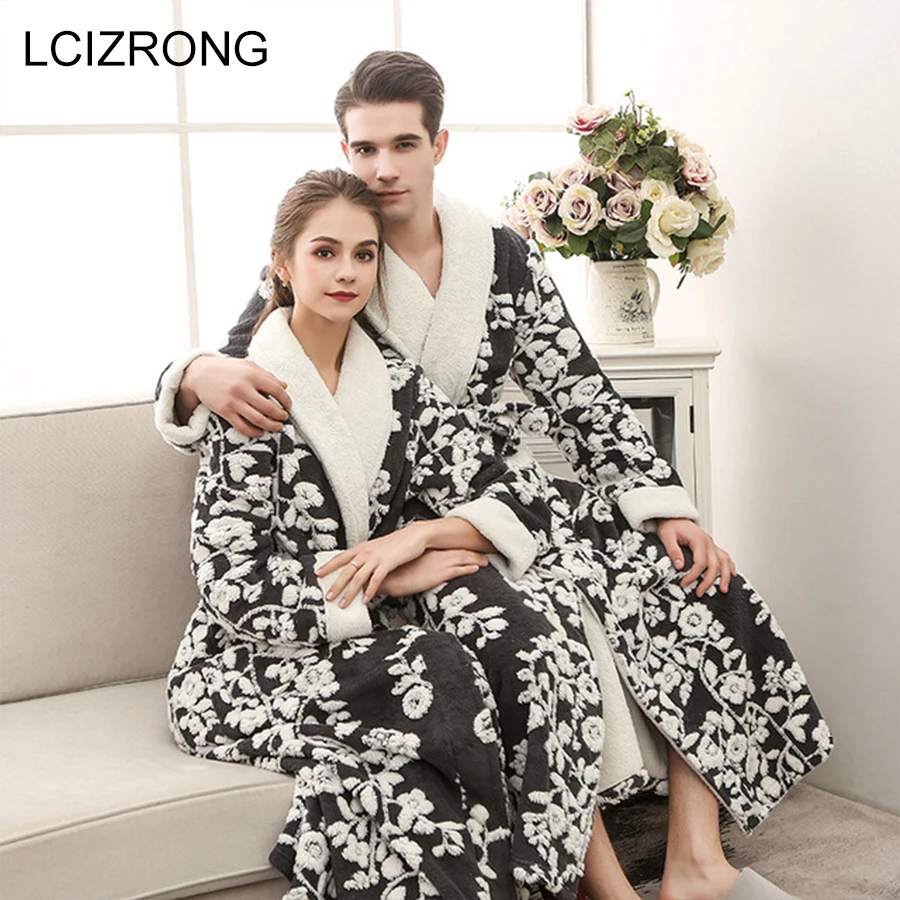 

Unisex Warm Mid-Calf Bathrobe Women Sexy Winter Thick Floral Couple Bath Robe Plus Size Dressing Gown Lounge Robe