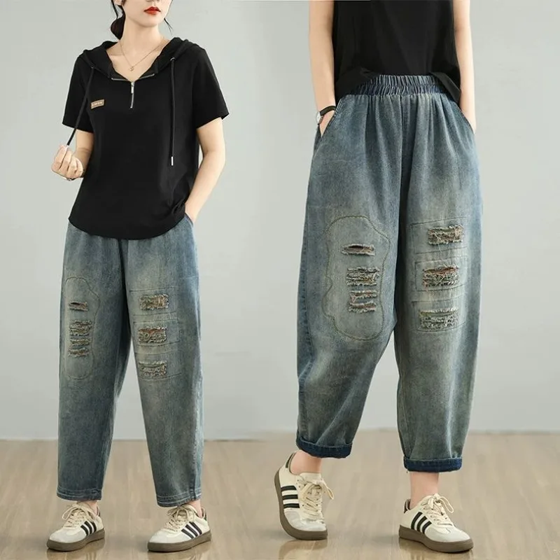 

y2k 2026 Spring Autumn Vintage Women's Jeans, High Waist Distressed Dad Pants, Loose Harem Trousers, Slim Fit Casual Denim Pants
