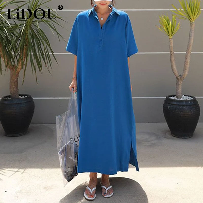 Robe maxi décontractée à col rabattu pour femmes, robe de style coréen pour dames, t-shirt à boutons pour documents solides, manches courtes, été, nouveau