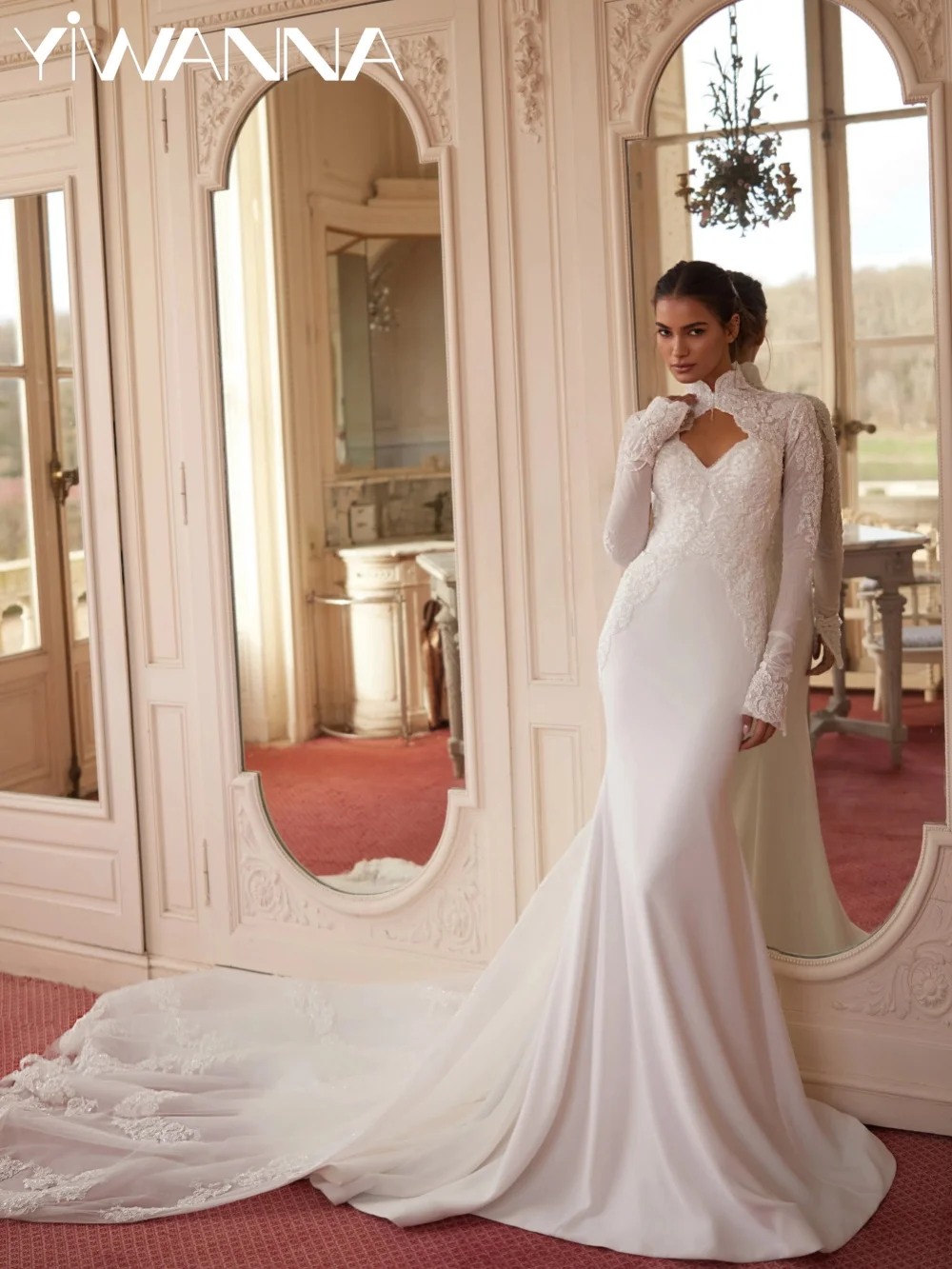 

Dazzling Beaded Lace Wedding Dress Modest High Collar Long Sleeve Bridal Gown New Customized Dreamy Mermaid Dresses For Bride