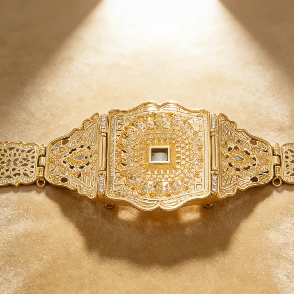 Gold-Plated Wedding Belt, Hollow Carved Floral Plaid Design, Ethnic Kaftan Bridal Corset Zinc Alloy Accessory view 4