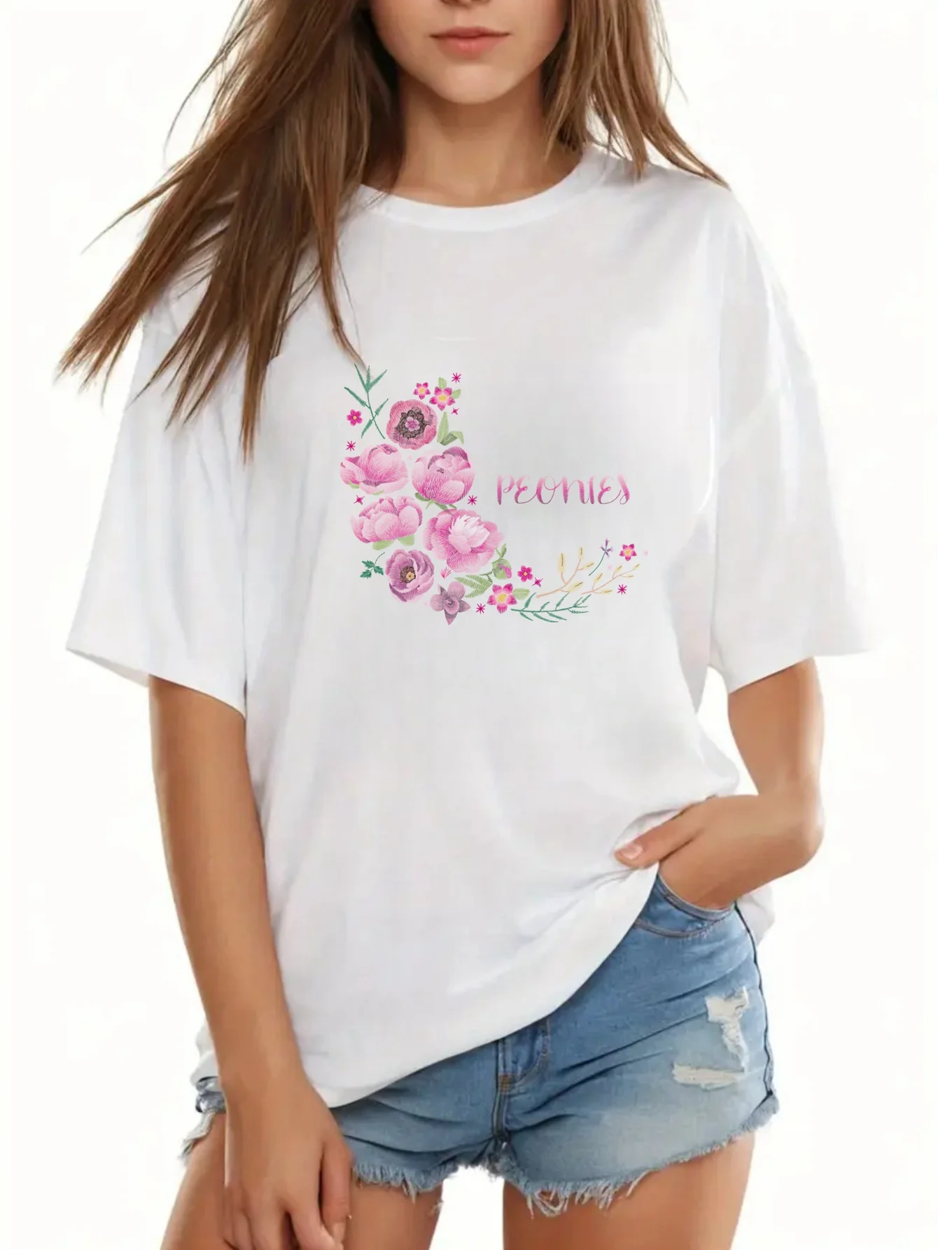 1 قطعة المرأة الجديدة الحرفية فو المطرزة الأزهار الأبجدية تي شيرت مطبوع آلة قابل للغسل عادية قطرة مستديرة الكفة