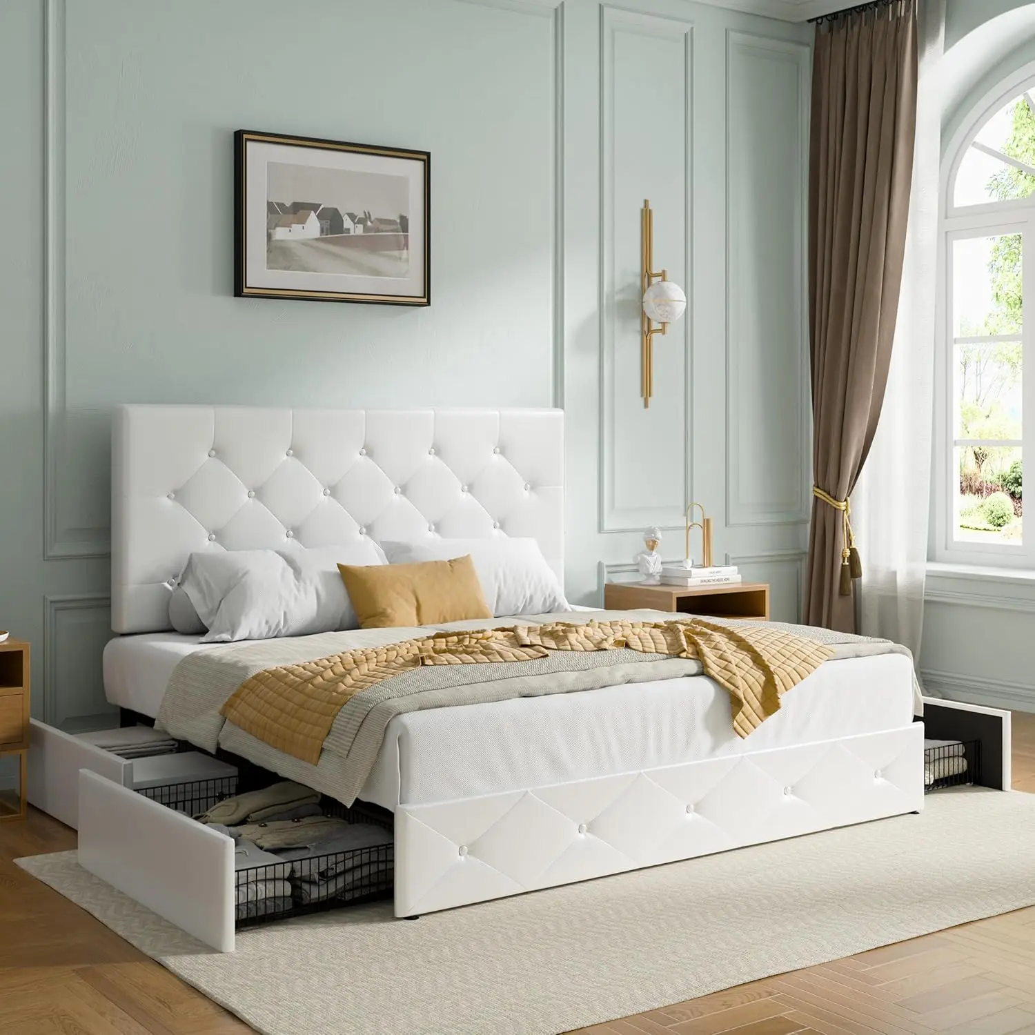 

Upholstered Full Platform Storage Bed Frame with 4 Drawers, Adjustable Headboard with Faux Leather Diamond Button Tufted Design