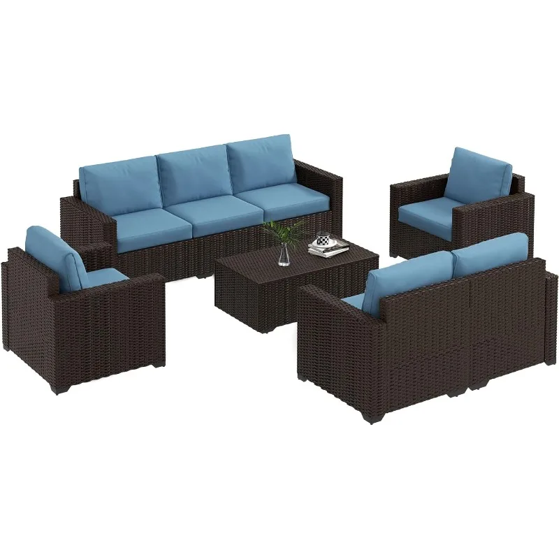 5 Piece Patio Furniture Set with Cushions, Outdoor PE Rattan Wicker Conversation Sofa Set with Storage Bin Coffee Table, Blue