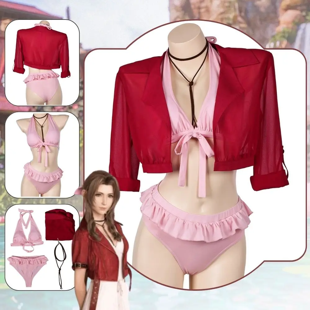 

Final Fantasy 7 Aerith Cosplay Swimsuit Costume Disguise for Adult Women Girls Bikinis Set Jacket Outfit Halloween Carnival Suit