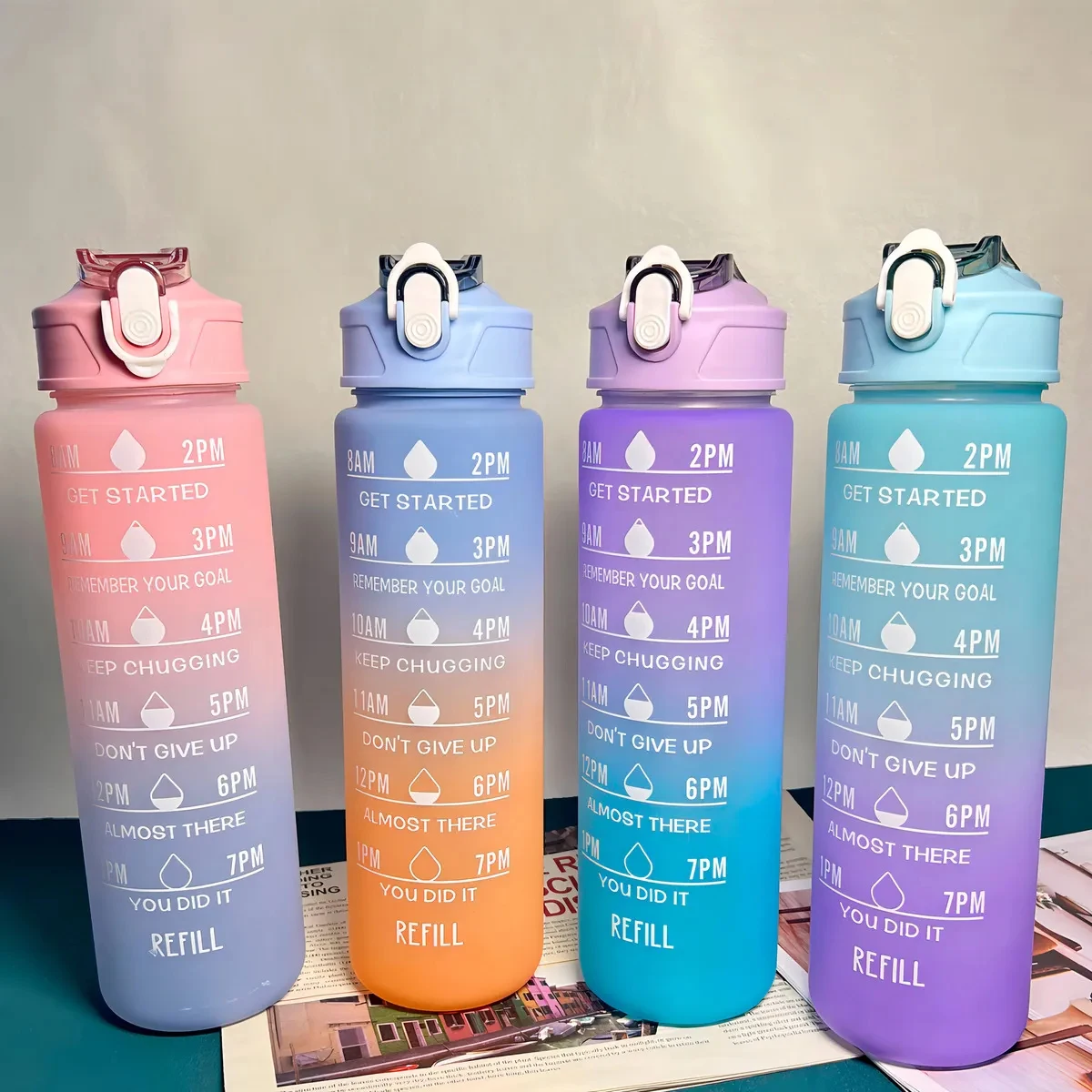 

Gradient Color Sports Water Bottle With Leakproof Straw And Time Marker Perfect For Office, School, Gym, And Exercise BPA-Free