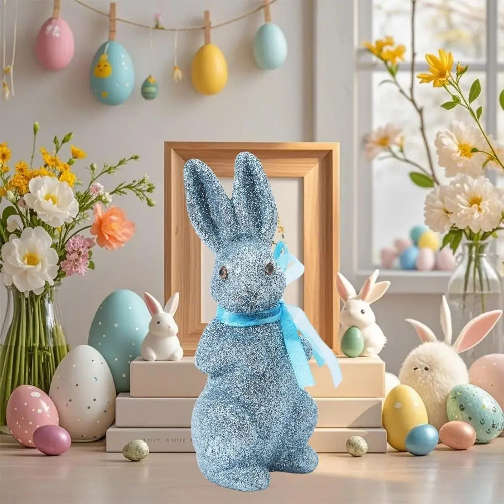 Creative Simulated Easter Bunny Figurine Cute Colorful Foam Rabbit Figures Decorative with Ribbon Glitter Bunny Figurine Garden