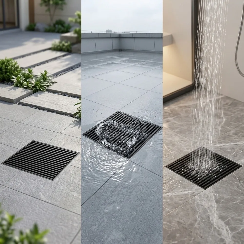 Floor Drain with Wide Opening Parallel Slots and Integrated Water Seal Core for Bathroom Patio Garage and Courtyard Use