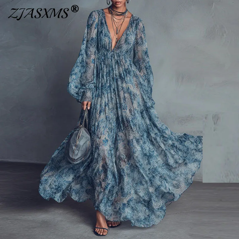 Boho-Maxikleider mit Print, Damenkleider mit tiefem V-Ausschnitt, Puffärmeln, Rüschensaum, transparentem A-Linien-Schnitt für Strand, Urlaub, Party, lange Kleider